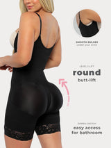 Black Colombian faja shapewear with  butt-lifting panels and anti-back bulge panels, back view