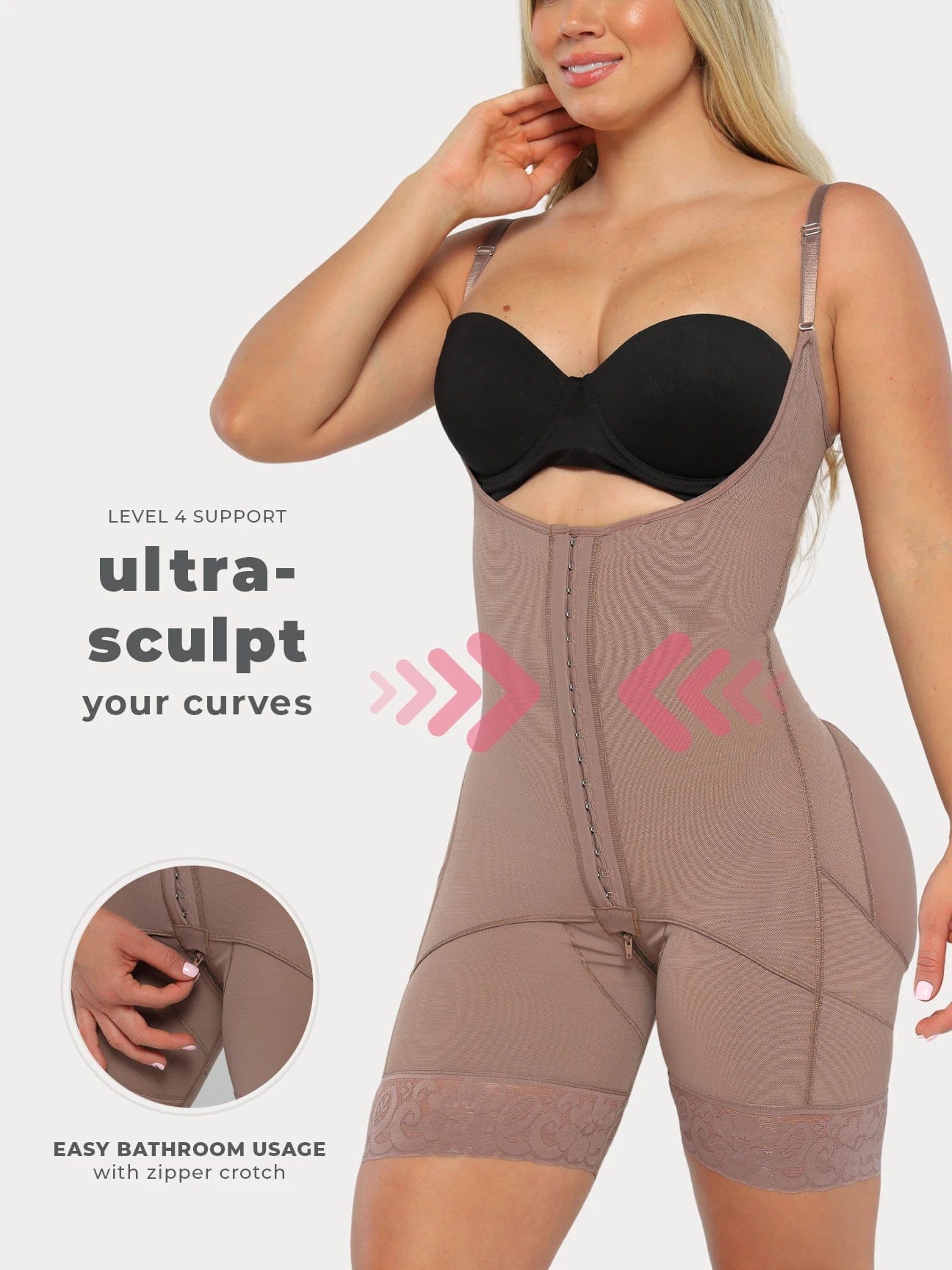 Cocoa Colombian faja shapewear with hook-and-eye closure and high compression, front view