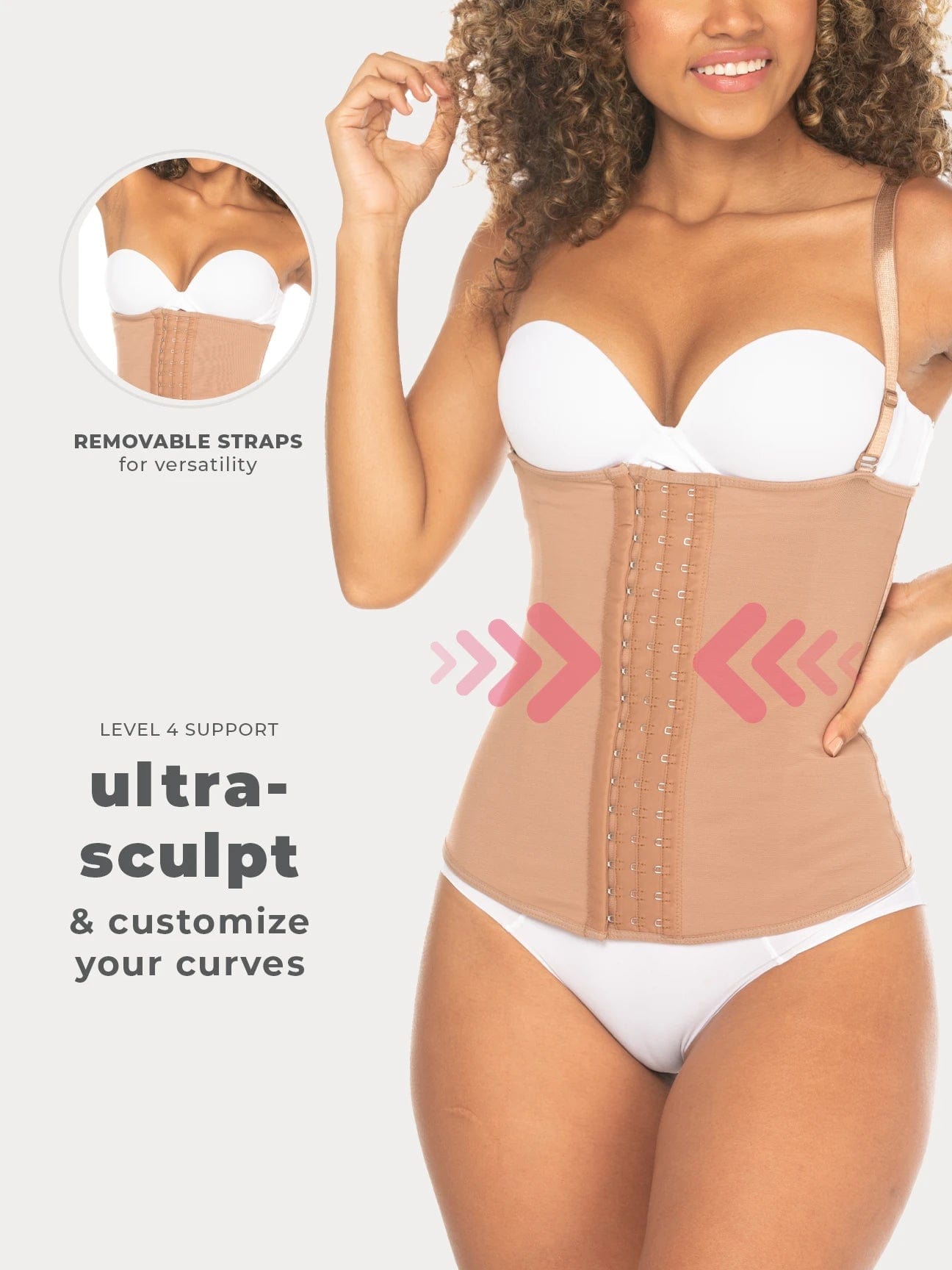 Close up of the high-quality hook and eye closures on a mocha-colored Colombian waist trainer