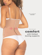 Mocha Colombian faja waist trainer with boning for high compression and removable straps, back view