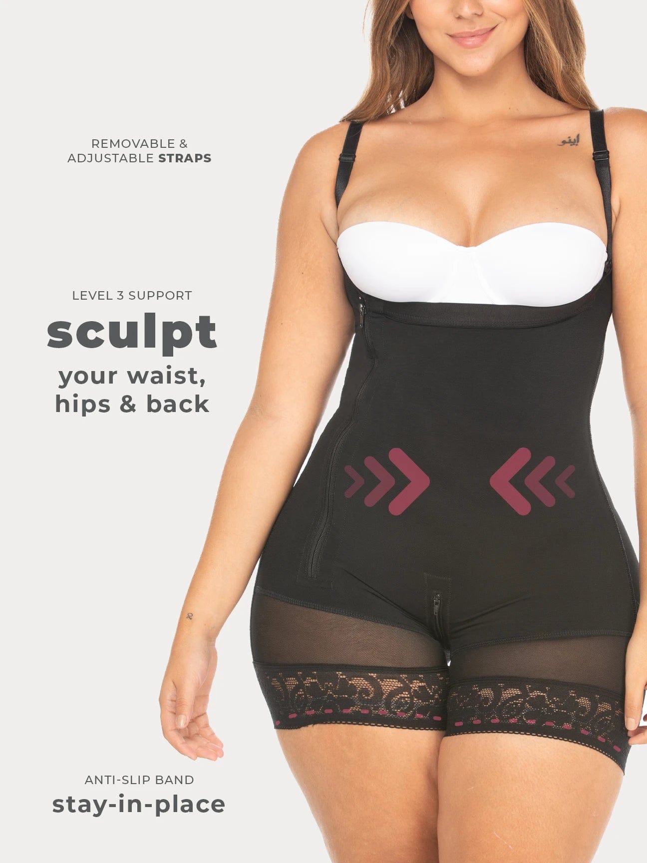Black Colombian shapewear bodysuit with side zipper and firm waist compression, front view