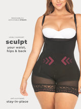 Black Colombian shapewear bodysuit with side zipper and firm waist compression, front view