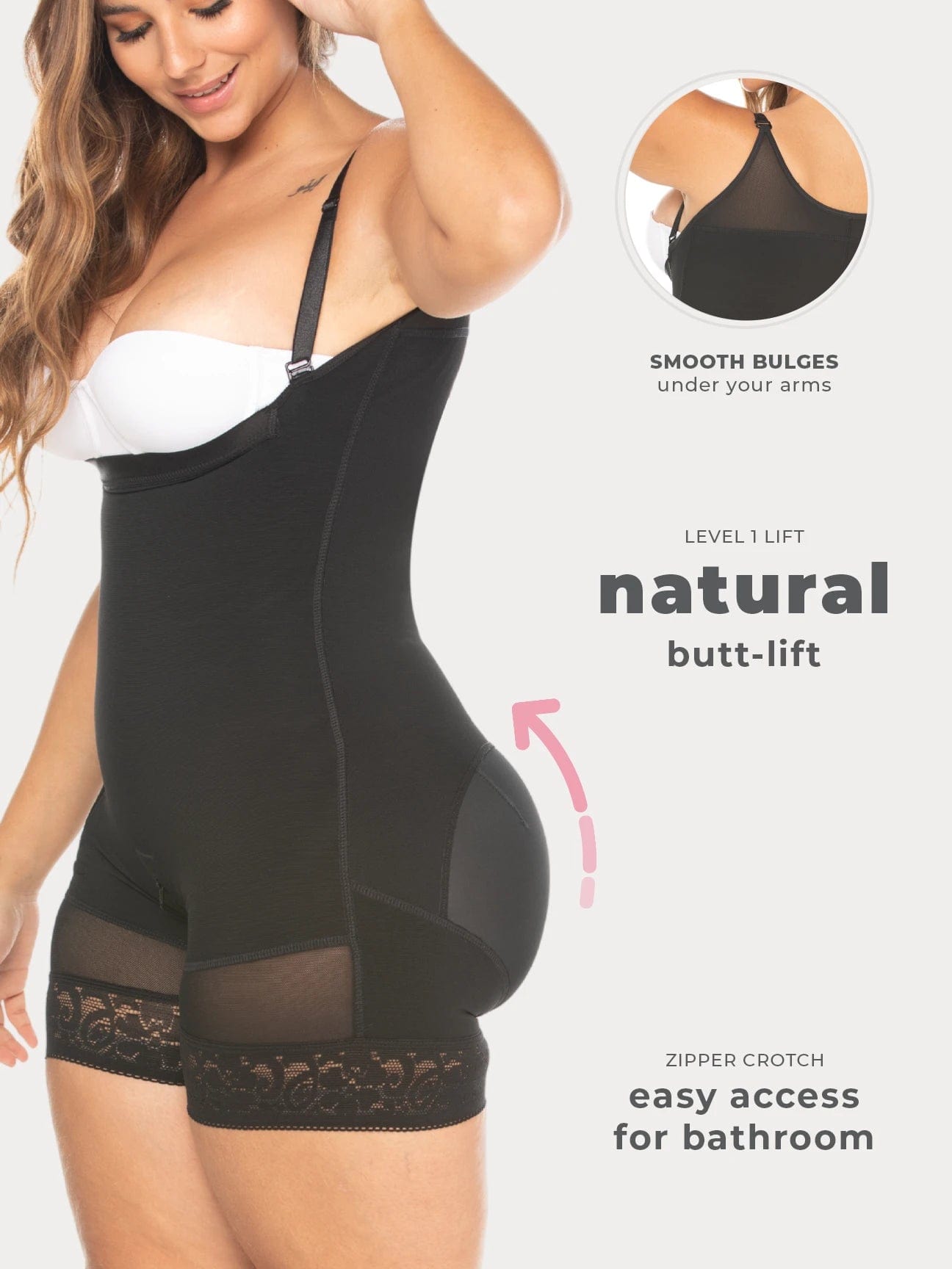 Black Colombian faja bodysuit with butt-lifting panels and firm waist compression, side view