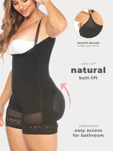Black Colombian faja bodysuit with butt-lifting panels and firm waist compression, side view