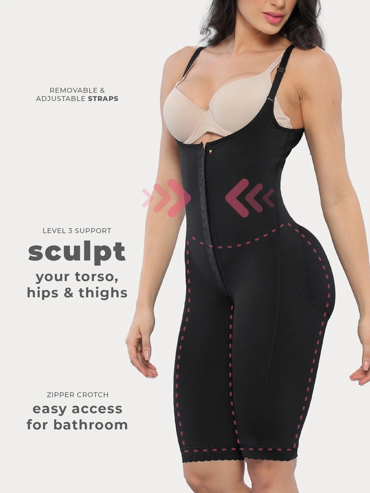 Black Colombian faja bodysuit with zipper and full thigh support, front view