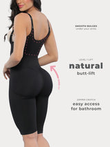 Black Colombian faja bodysuit with butt-lifting panels and firm waist compression, back view