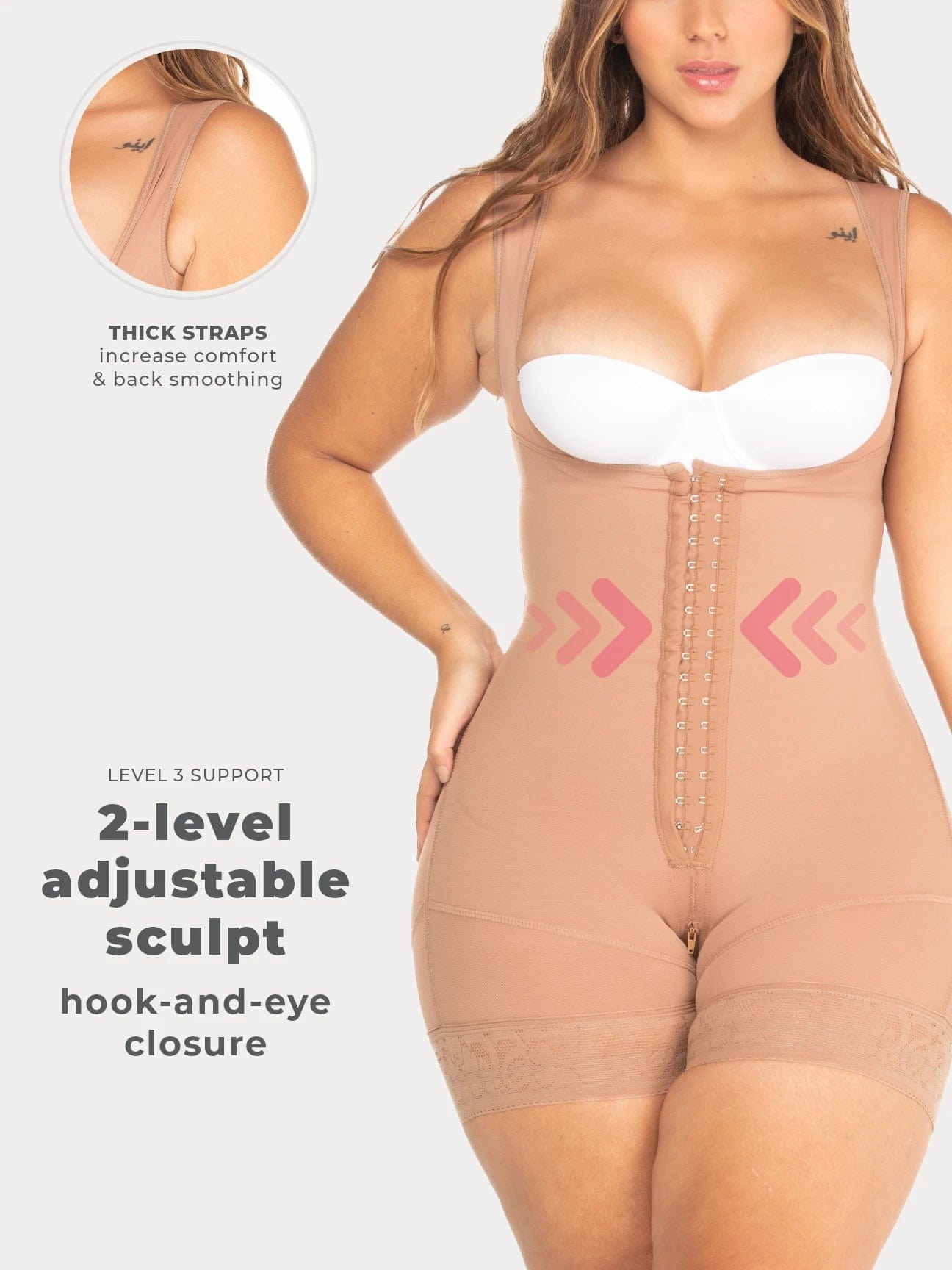 Nude Colombian faja shapewear bodysuit with adjustable hook-and-eye closure and firm waist compression, front view