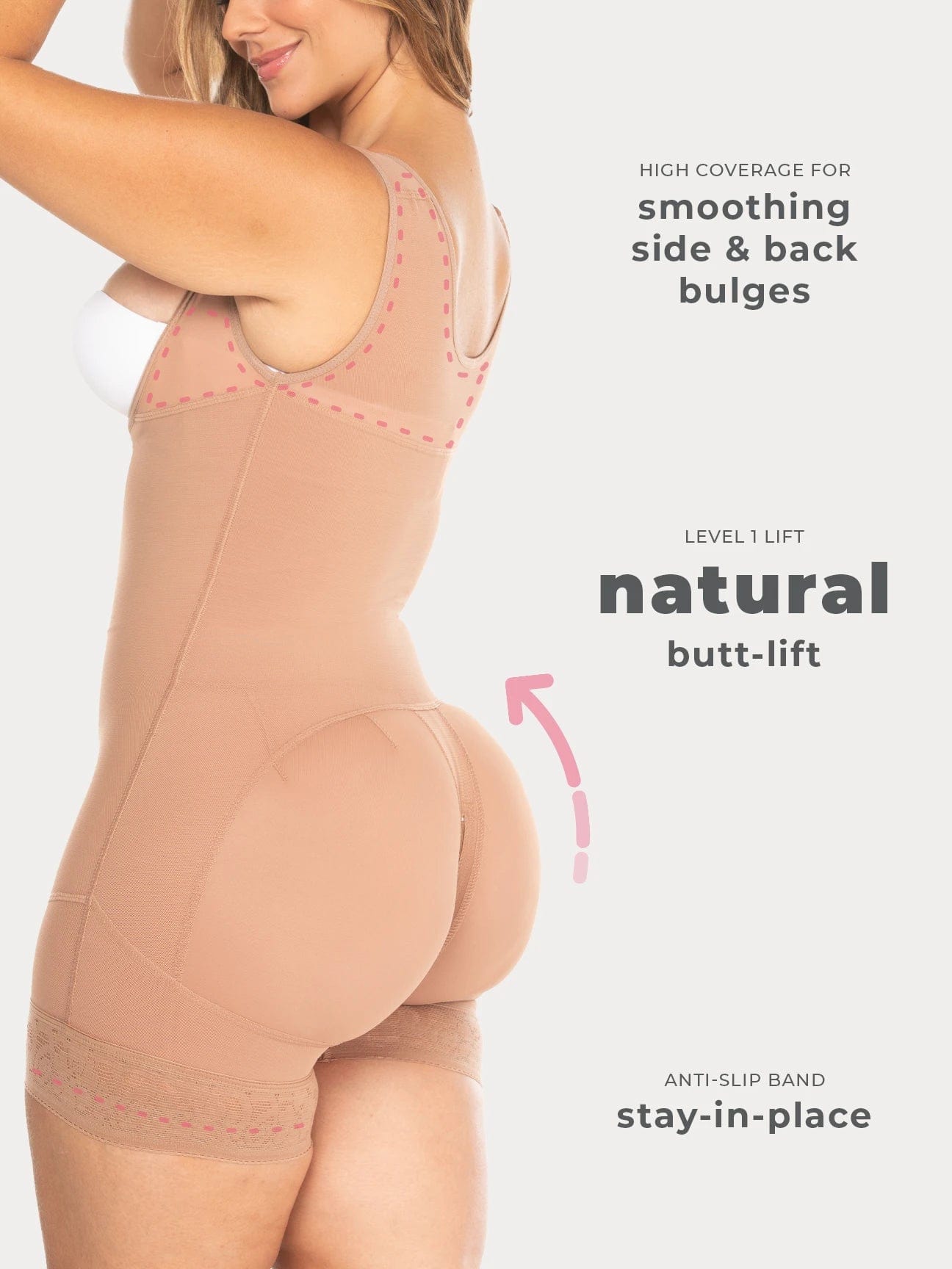 Nude Colombian faja shapewear bodysuit with butt-lifting panels and firm waist compression, back view