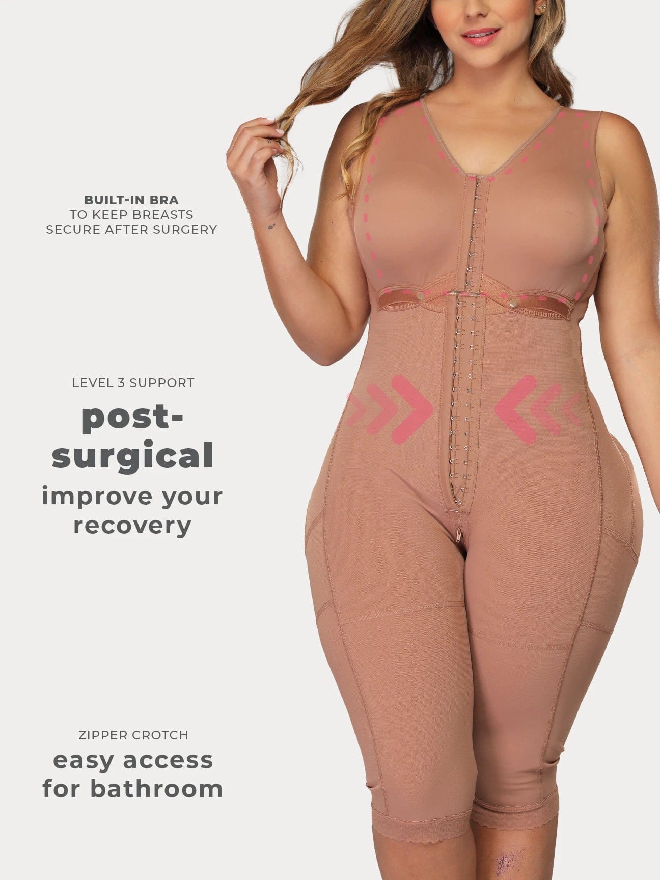 Mocha Colombian shapewear bodysuit with built-in bra and adjustable hook-and-eye closure, front view
