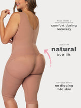 Mocha Colombian shapewear bodysuit with butt-lifting panels and full thigh support, back view
