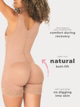 Mocha Colombian faja shapewear bodysuit with butt-lifting panels and firm waist compression, back view