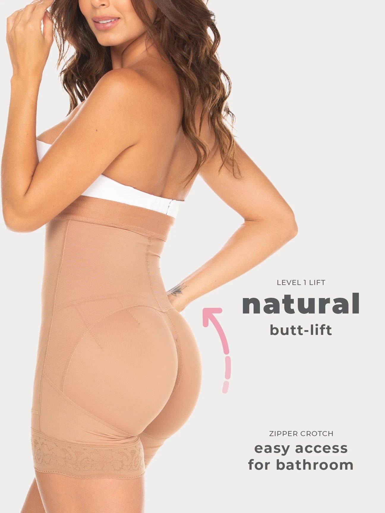 Mocha Colombian strapless faja with butt-lifting panels and firm waist compression, back view