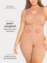 Nude Colombian faja shapewear bodysuit with built-in bra and adjustable hook-and-eye closure, front view