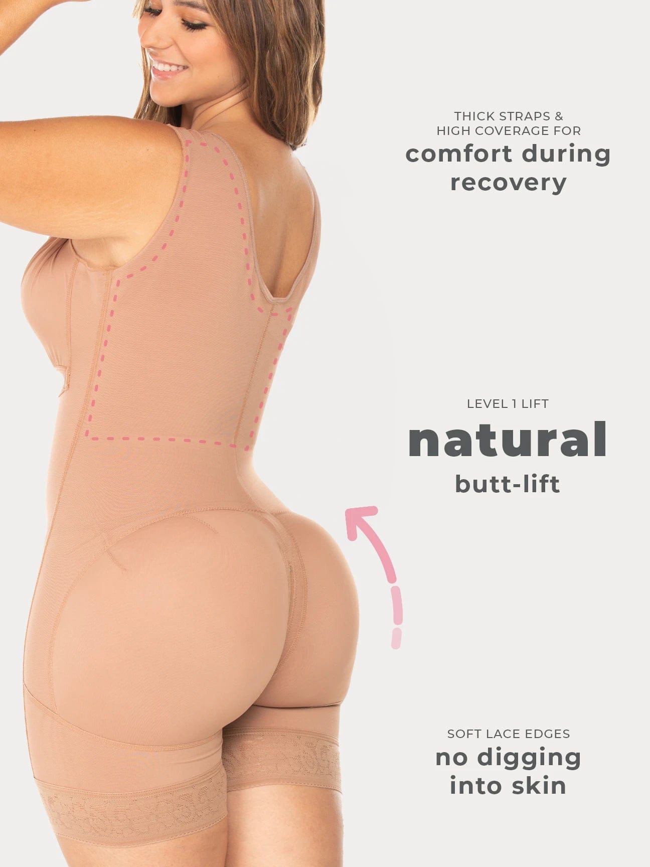 Nude Colombian faja shapewear bodysuit butt-lifting panels and back bulge control, back view