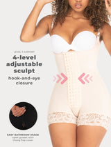 Beige Colombian faja with adjustable hook-and-eye closure and high compression, front view