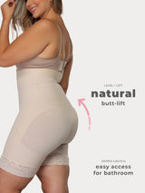 Beige Colombian high-waisted strapless faja with butt-lift panels and low back design, back view