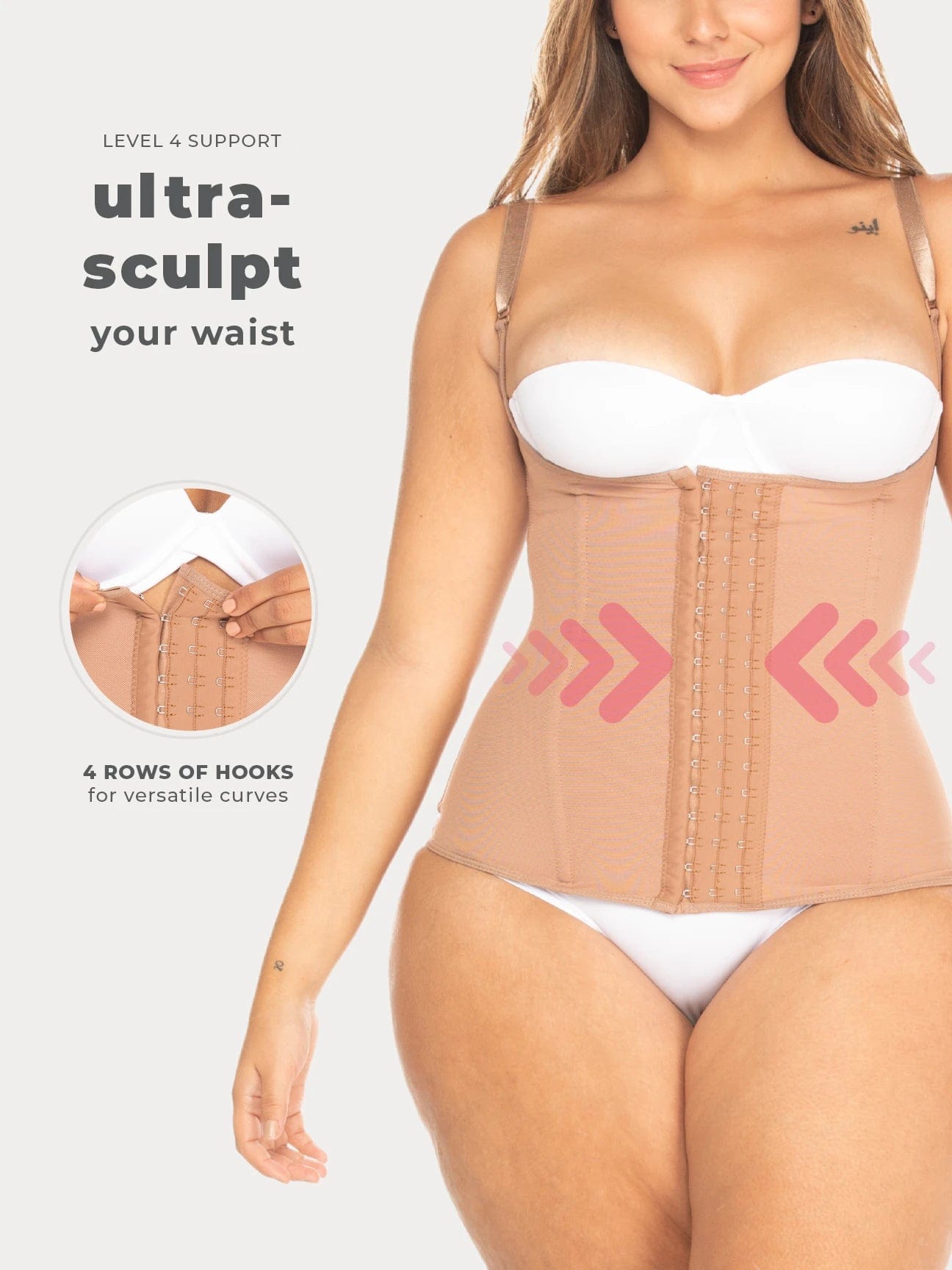 Nude Colombian faja waist trainer with adjustable straps and high compression, front view