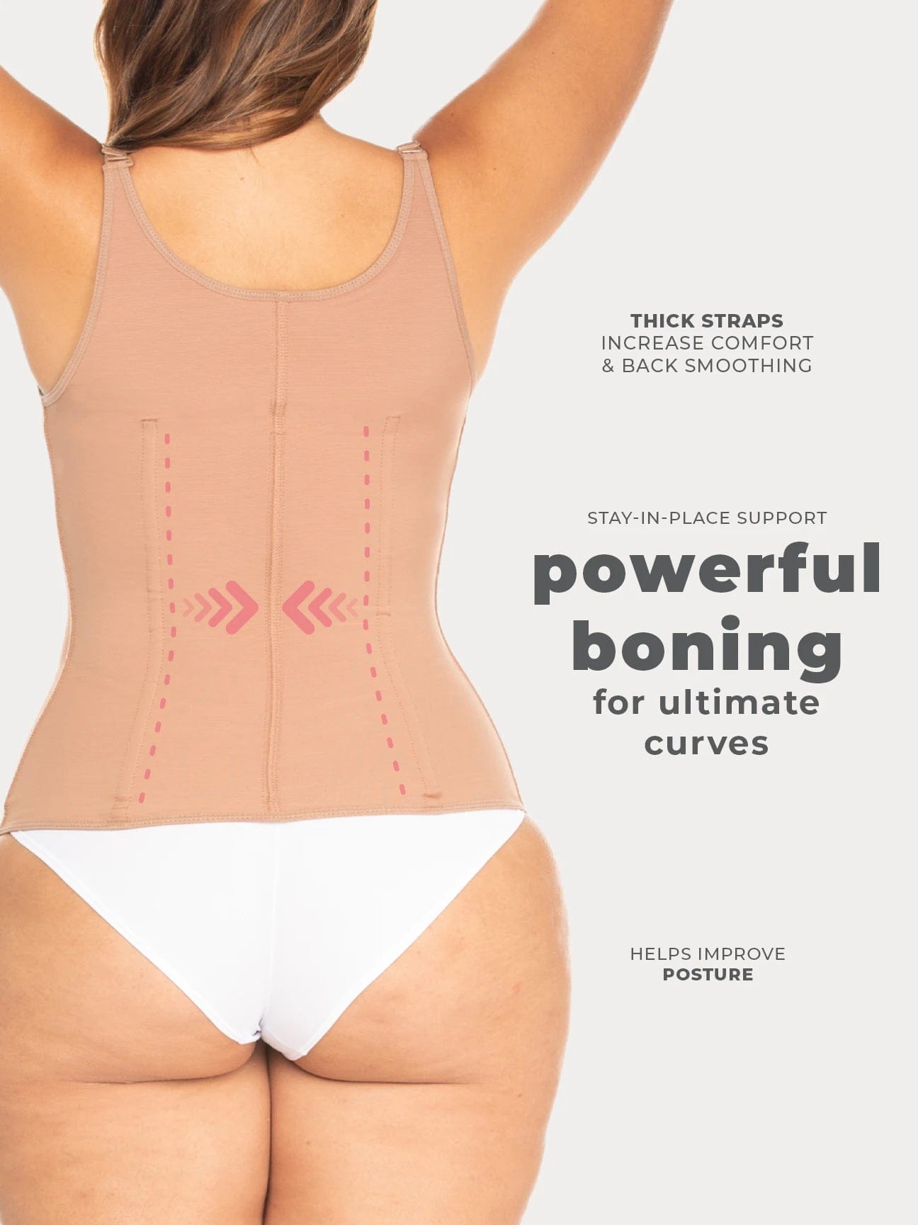 Nude Colombian faja waist trainer with anti-back bulge panels and boning for high compression, back view