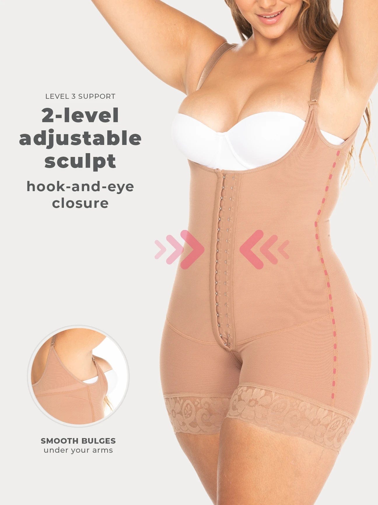Nude Colombian shapewear bodysuit with adjustable hook-and-eye closure and firm waist compression, front view