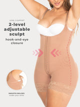 Nude Colombian shapewear bodysuit with adjustable hook-and-eye closure and firm waist compression, front view