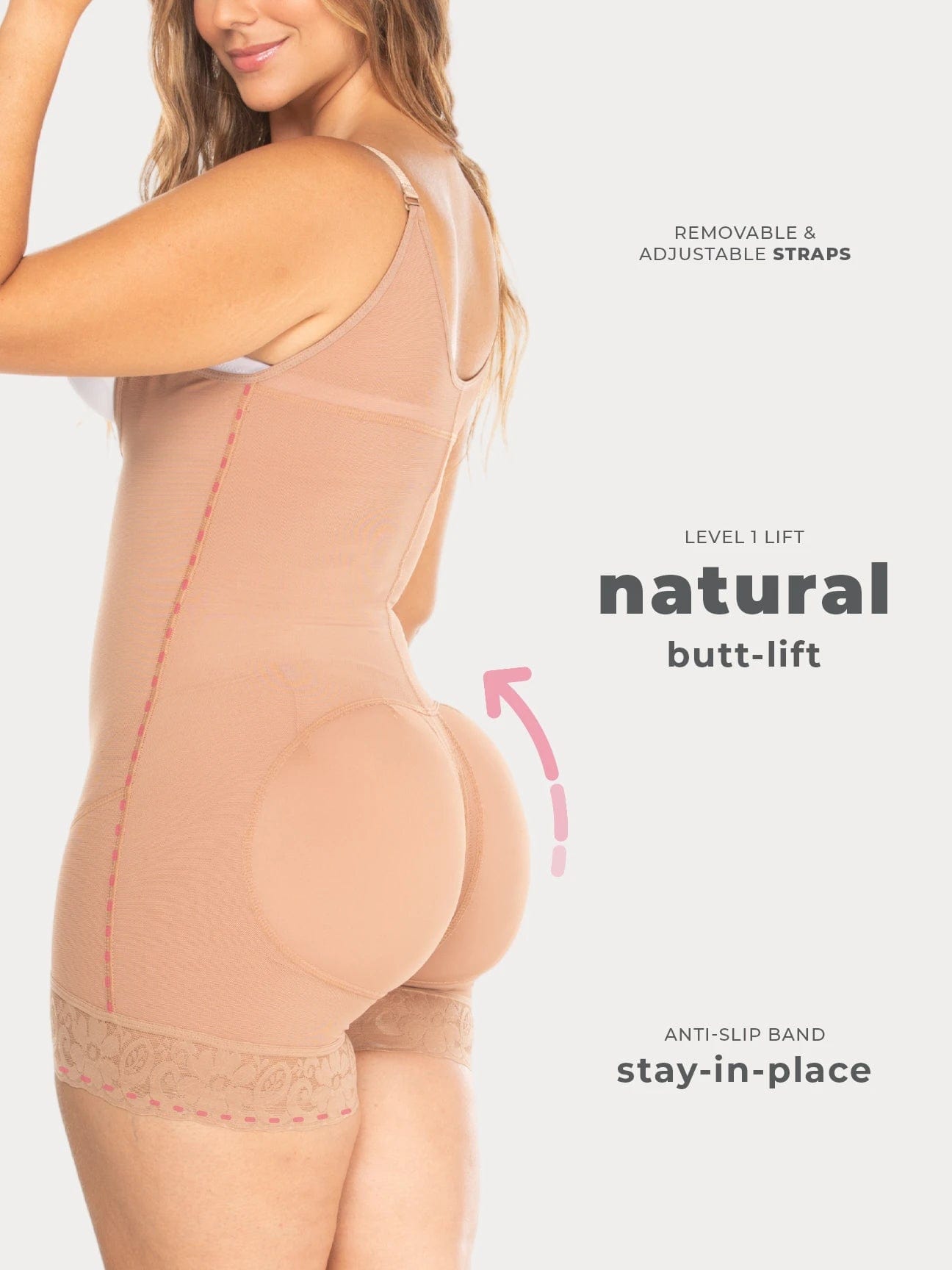 Nude Colombian shapewear bodysuit with butt-lifting panels and firm waist compression, back view