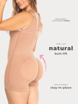 Nude Colombian shapewear bodysuit with butt-lifting panels and firm waist compression, back view