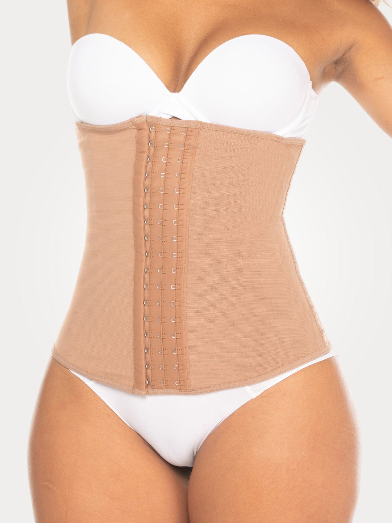 Mocha Colombian faja waist trainer with adjustable hook-and-eye closure and high compression, front view