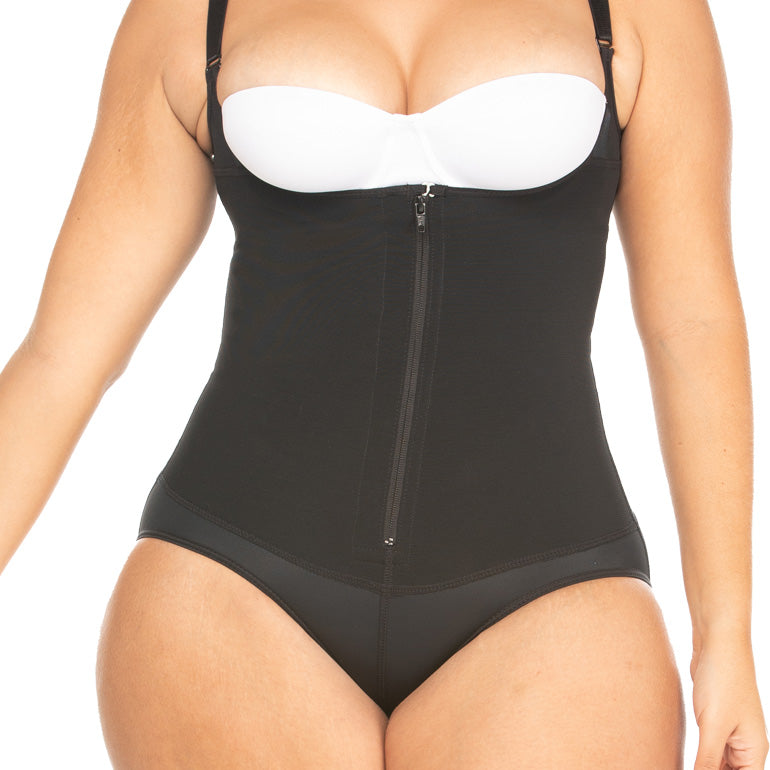 High compression thong bodysuit in a plus sized model.