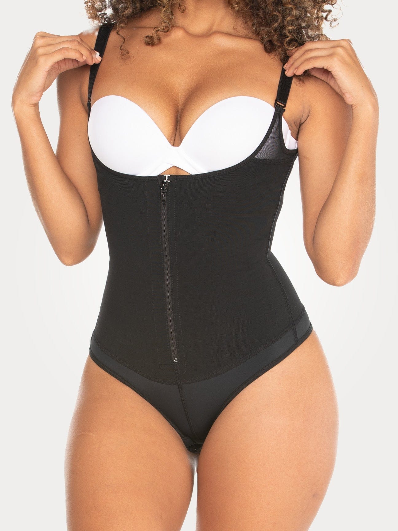 Black Colombian shapewear bodysuit with zipper and high compression, front view