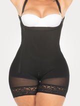 Black Colombian faja bodysuit with side zipper and firm waist compression, front view