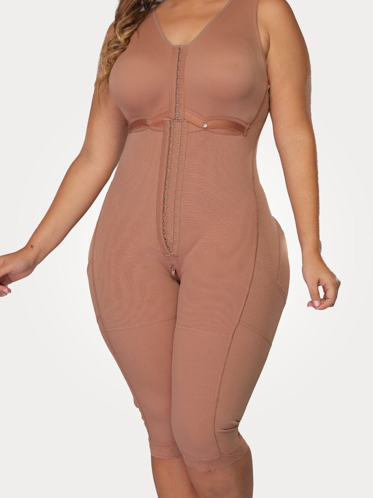 Mocha Colombian shapewear bodysuit with built-in bra and adjustable hook-and-eye closure, front view