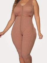 Mocha Colombian shapewear bodysuit with built-in bra and adjustable hook-and-eye closure, front view