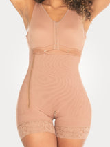 Mocha Colombian faja shapewear bodysuit with built-in bra and adjustable hook-and-eye closure, front view