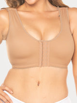 Mocha Colombian compression bra with hook-and-eye closure and adjustable straps, front view