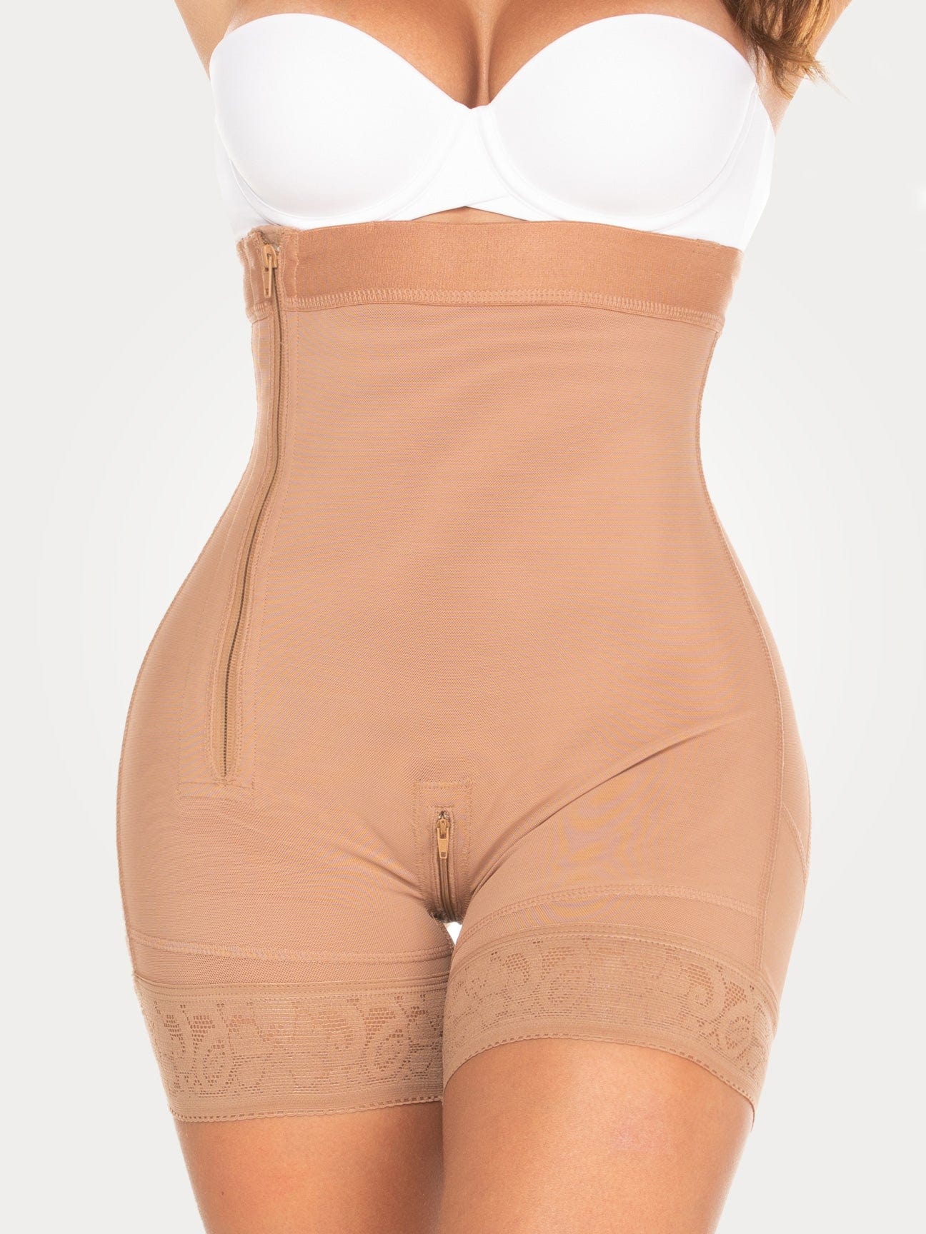 Mocha Colombian strapless faja with side zipper and firm waist compression, front view