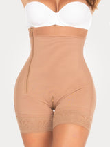 Mocha Colombian strapless faja with side zipper and firm waist compression, front view