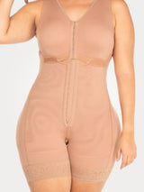 Nude Colombian faja shapewear bodysuit with built-in bra and adjustable hook-and-eye closure, front view
