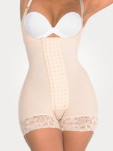 Beige Colombian faja with adjustable hook-and-eye closure and high compression, front view