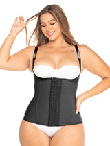 Black Colombian faja waist trainer with adjustable straps and high compression, front view