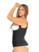 Black Colombian faja waist trainer with anti-back bulge panels and boning for high compression, side view