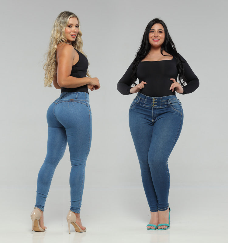 Two models wearing shapewear jeans, left jean has no backpocket.