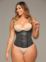 Black Colombian latex waist trainer with adjustable hook-and-eye closure and high compression, front view