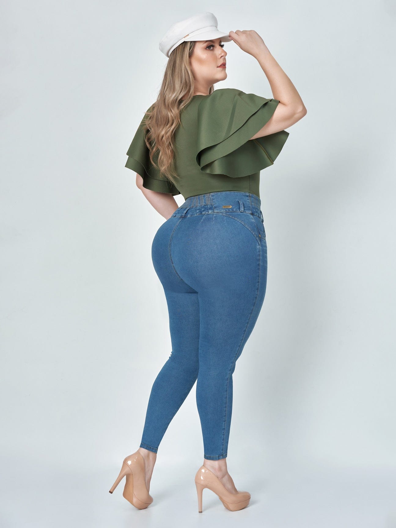 Mirabel Butt Lift Medium Blue Wash Jeans full body back view plus sized model.