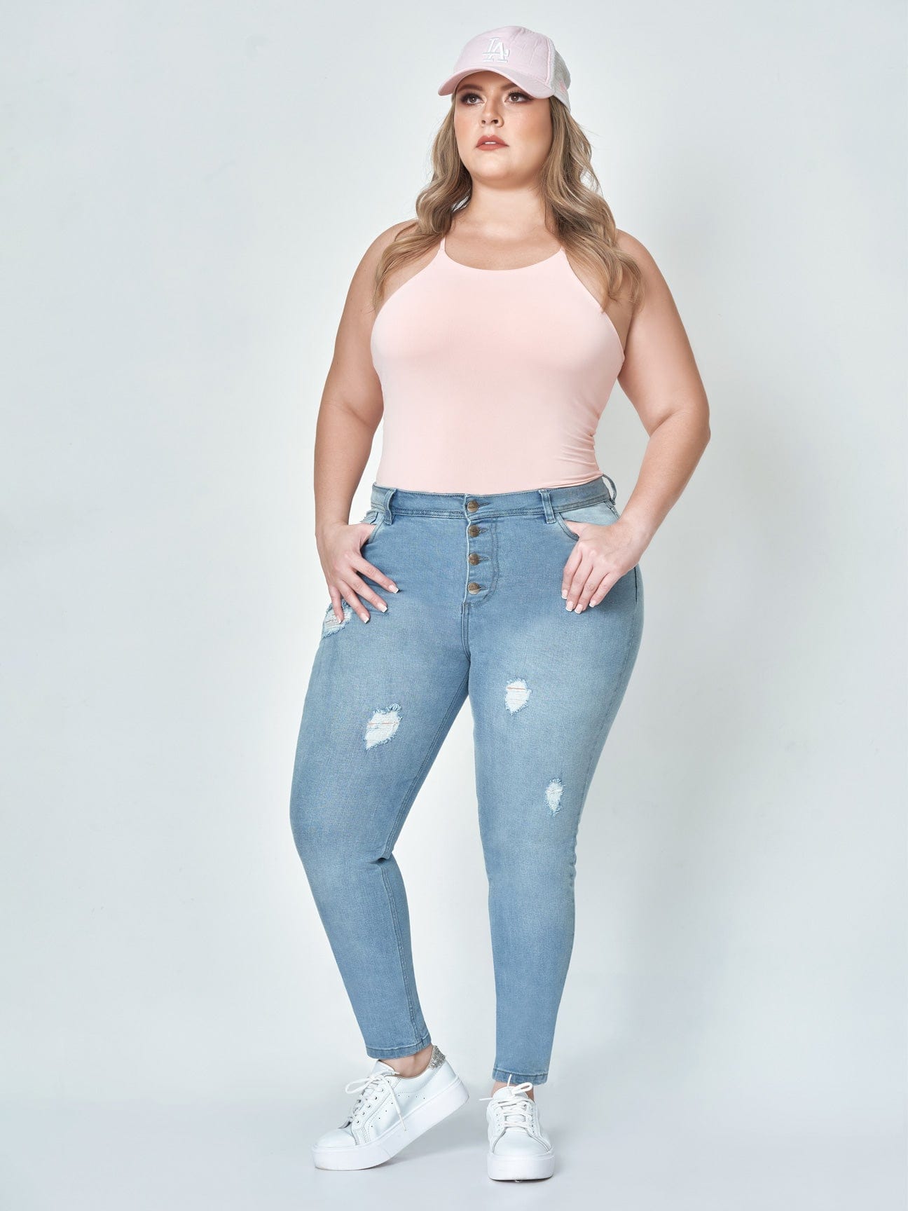 Hannah Butt Lift Stretch Skinny Jeans full body front view plus sized model.