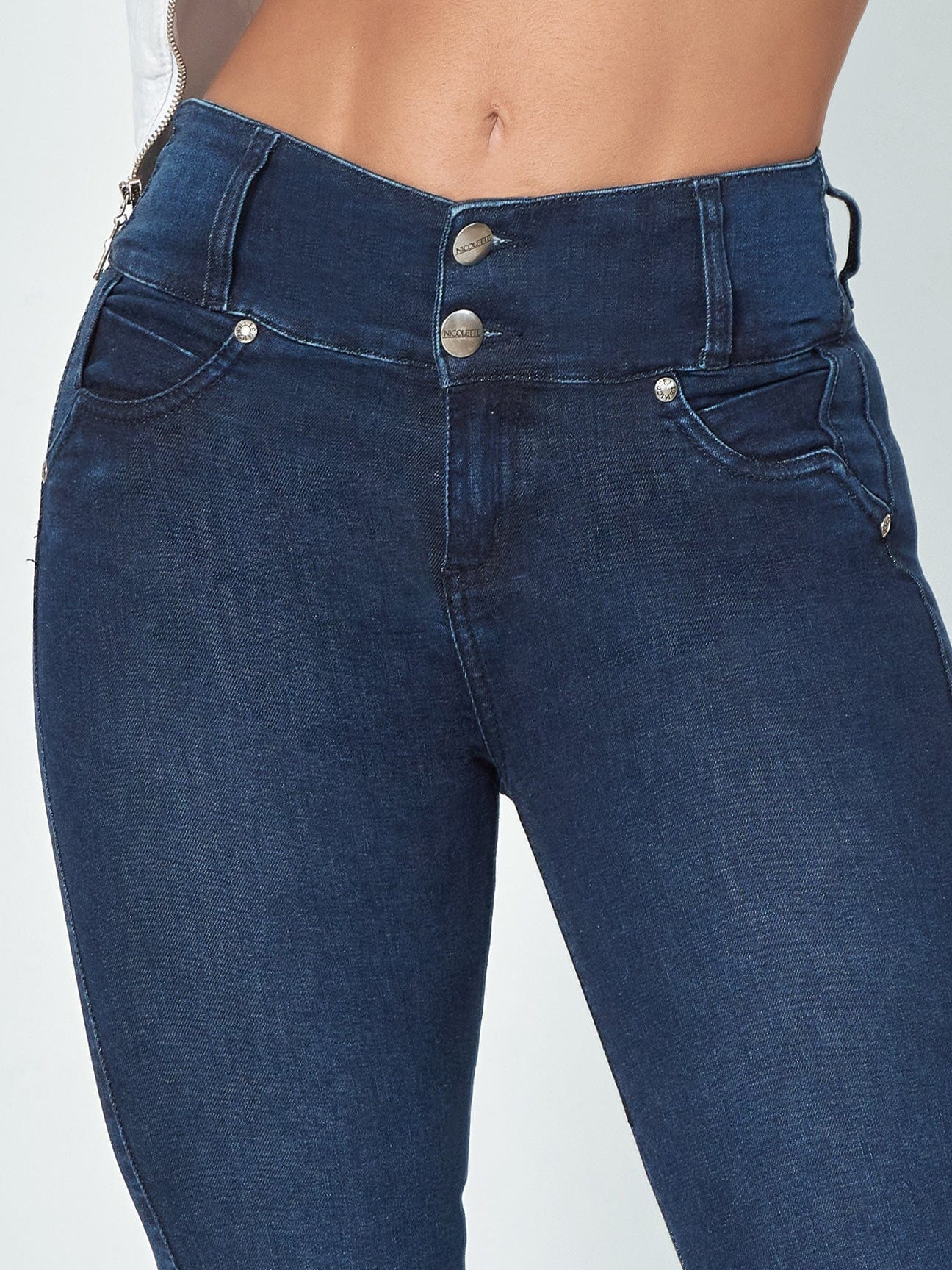 Maya Butt Lift Dark Blue Skinny Jeans waist front view.