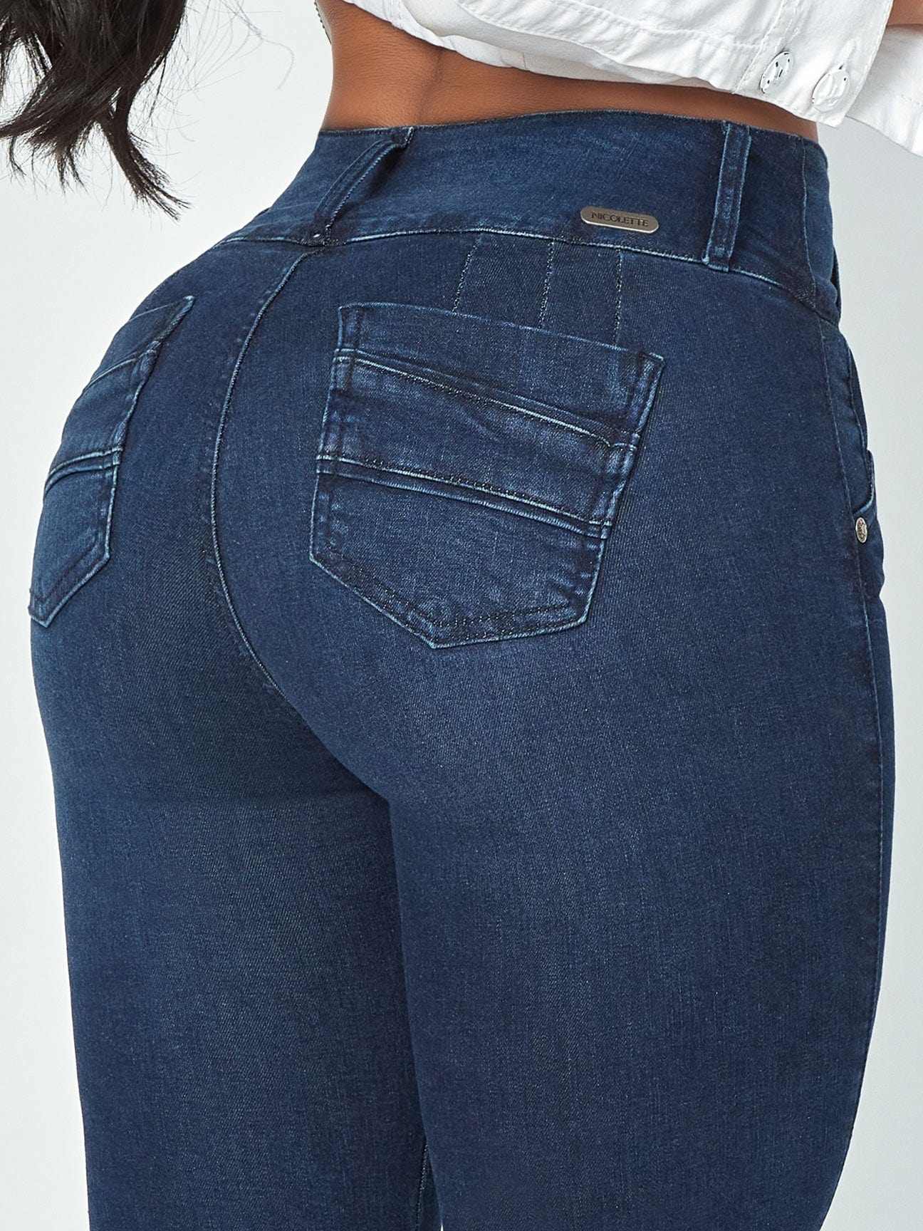 Maya Butt Lift Dark Blue Skinny Jeans waist back view.