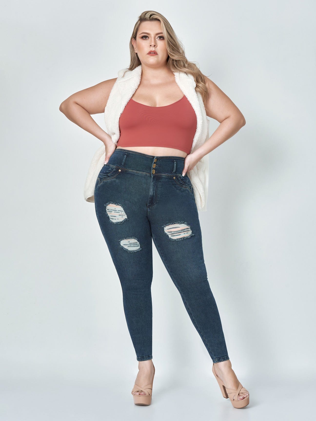 Sasha Butt Lift Dark Blue Ripped Skinny Jeans full body front view plus sized model.