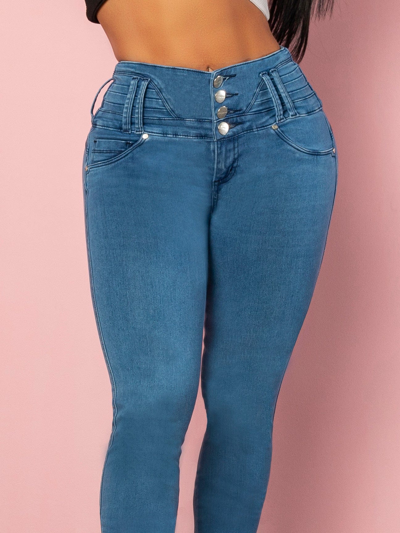 Close front view of Can Cun Butt Lift Skin Tight Jeans.