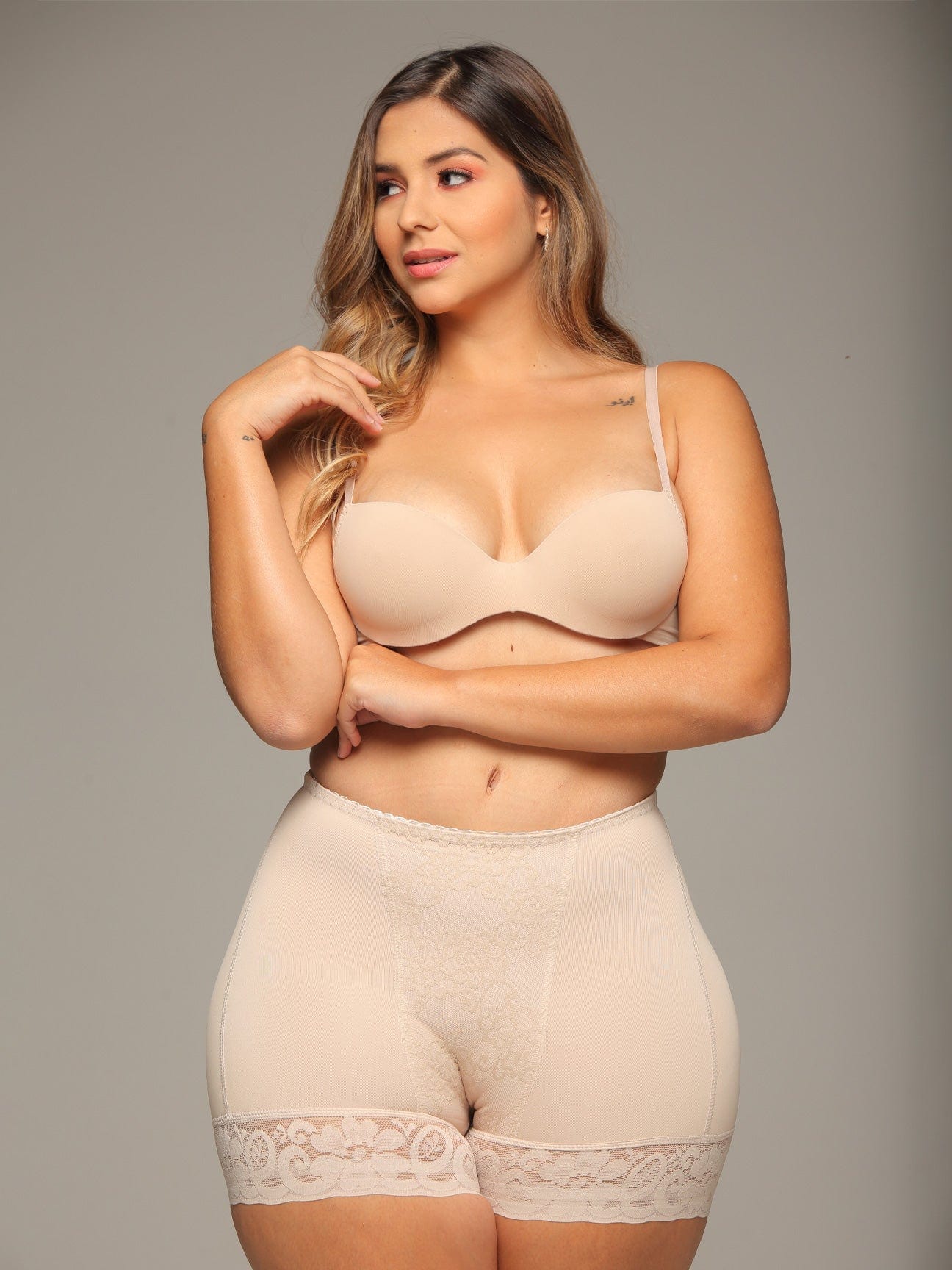 Full front view of Beige high rise natural butt lifter.