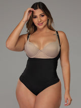 Black Colombian invisible faja bodysuit with smoothing fabric, front view